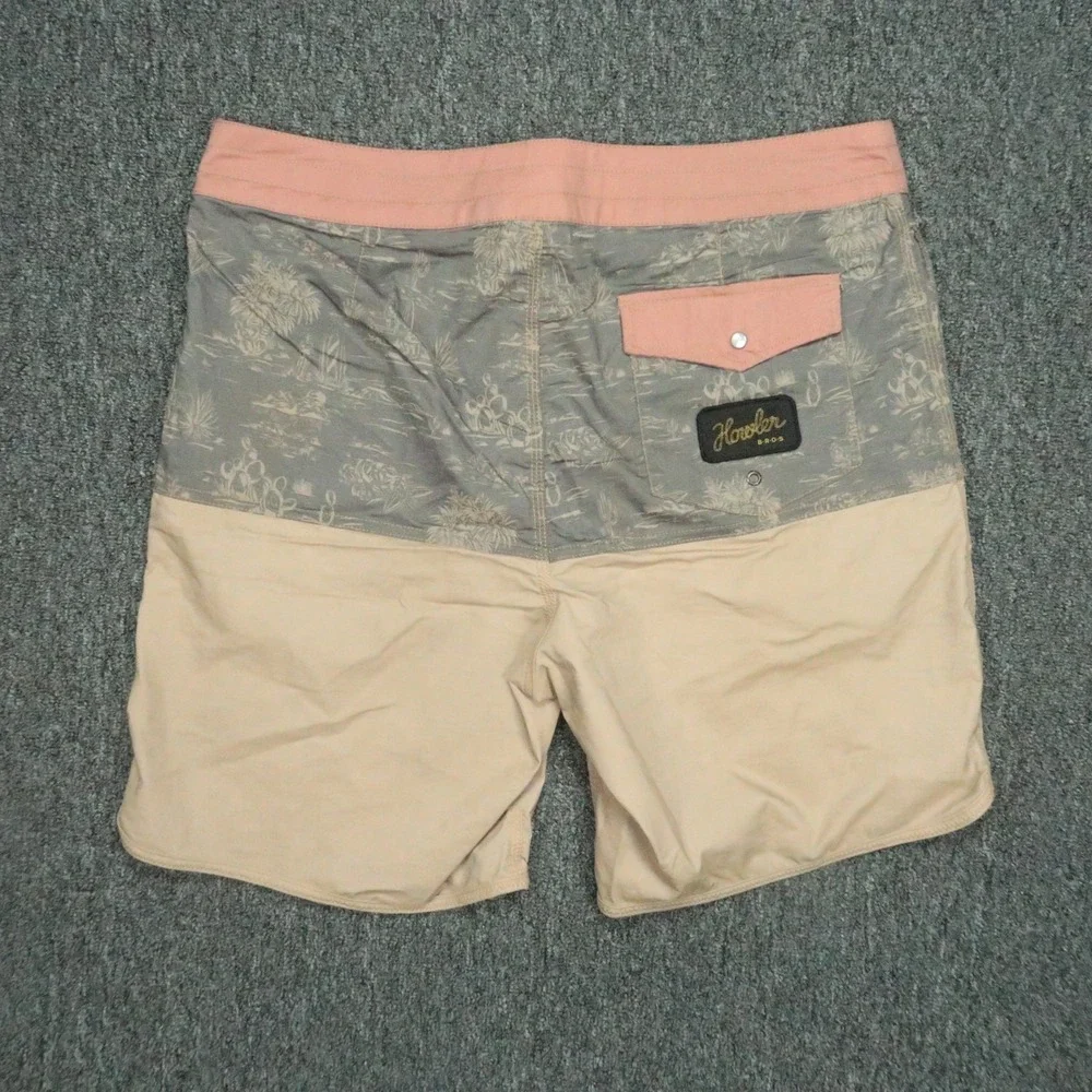 Howler Bros Shorts Men 35 Tan Los Vaqueros Desert Print Snap Pocket Stretch Swim